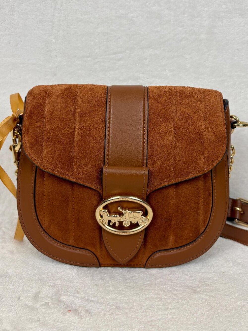Coach Georgie Saddlebag with Linear Quilting in Redwood Suede, Leather Trim